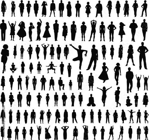 People, silhouettes, crowd, men, women, children, dancing, walking, standing, poses, society, community, group, diverse, vector, outline, outlines, illustration, collection, set