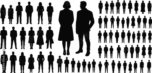 People, silhouettes, crowd, men, women, standing, walking, business, corporate, formal, elegant, full-body, profile, profiles, vector, outline, outlines, minimal, collection, set