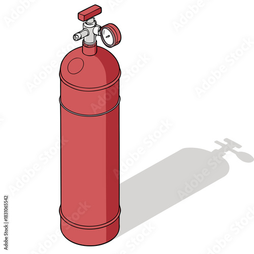 Red gas cylinder with pressure gauge and valve on a white background with shadow