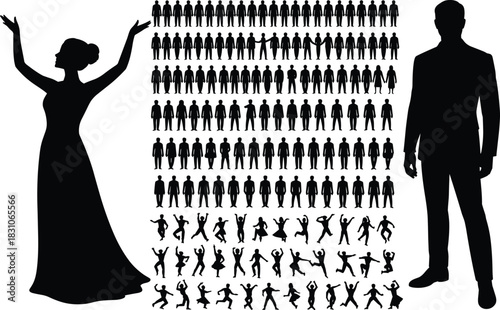 People, silhouettes, crowd, standing, walking, dancing, woman, man, fullbody, characters, groups, society, business, lifestyle, active, movement, vector, outline, outlines, collection