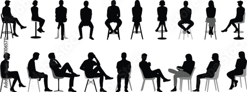 Seated human silhouettes, chair posture study, black vector icons, ergonomic poses, sitting styles, design asset, furniture interaction chart