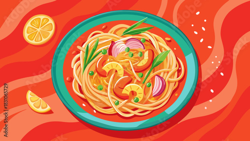 Shrimp Pad Thai served on a pastel pink plate, captured from top view against a bold vibrant orange background. Bright colors, detailed textures, and modern food styling perfect for culinary advertis