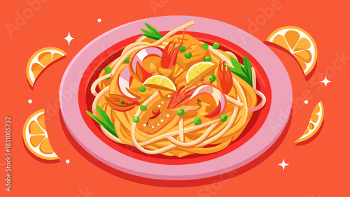 Top-view Shrimp Pad Thai arranged neatly on a soft pink plate, contrasted with a vivid orange backdrop. Bright, modern, colorful presentation ideal for food branding, recipe visuals