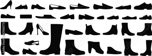 Shoe silhouettes collection, high heels, boots shapes, fashion footwear icons, sneaker outline set, black vector pack isolated on white background.