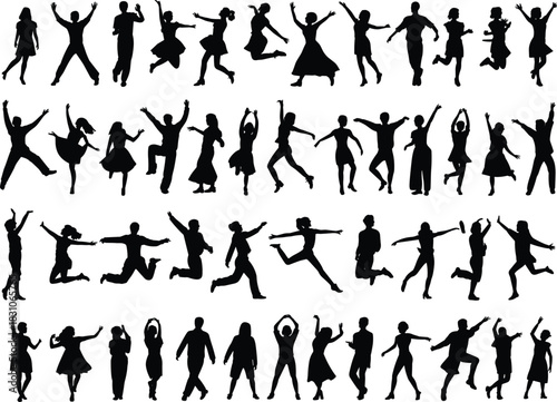 Silhouette people dancing, joyful celebration crowd, festival party motion, ballroom couples, jumping poses, lifestyle vector collection isolated on white stock background