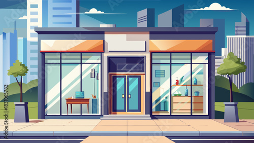 Contemporary shopfront design featuring full-height glass windows, visible interior layout, and a clear front entrance. 