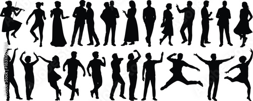 Silhouette people dancing, wedding couple, violin music player, celebration party crowd, joyful motion poses, event festival lifestyle isolated on white stock graphic.