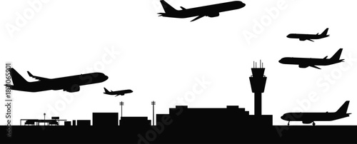 Airport silhouette illustration, black vector, airplanes flying, control tower, terminal buildings, air traffic, aviation infrastructure, travel theme
