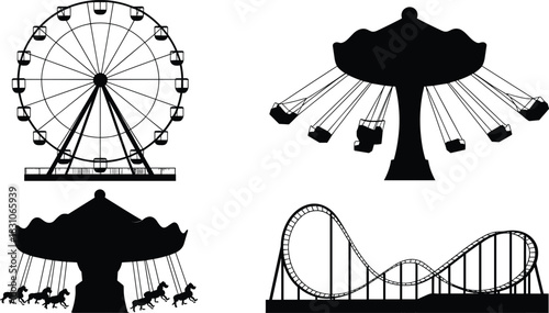 Ferris, swing, ride, roller, coaster, carnival, amusement, park, icon, vector, silhouette, graphic
