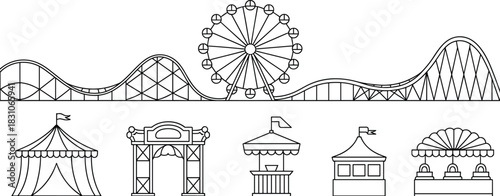Webamusement, park, carnival, Ferris, wheel, roller, coaster, booth, tent, gate, icon, vector, silhouette, graphic, ride, Ferris wheel, roller coaster, circus tent, carnival booth, entrance gate