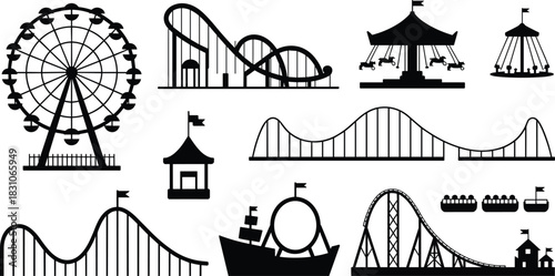 Amusement park silhouette vector, carnival icons, ferris wheel, roller coaster, carousel, tent, amusement ride collection, theme park outline design, entertainment graphics, adventure logo assets