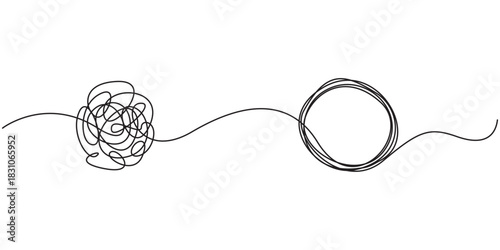 Mindfulness Idea Concept Doodle. Chaotically tangled line and untied knot in form of circle continuous one line drawing, Psychotherapy concept of solving problems is easy. Editable stroke