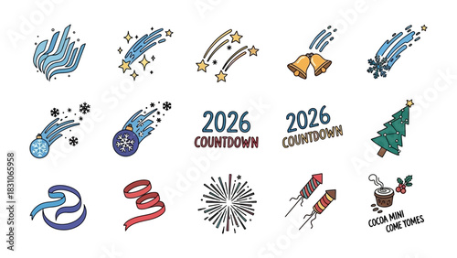 New Year 2026 Celebration Icons: A cheerful collection of hand-drawn icons celebrating the New Year 2026, including fireworks, shooting stars, ribbons and countdown.