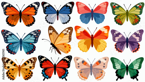 This vibrant illustration showcases a collection of diverse, color-rich butterflies arranged against a soft light background, highlighting their delicate, intricate wing patterns.