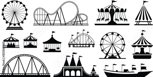 Amusement silhouette vector set, Ferris wheel, roller coaster, carousel swing rides, carnival tents, theme park icons, entertainment logo asset pack