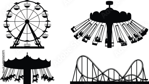 Amusement park silhouettes, ferris wheel, swing carousel ride, roller coaster tracks, carnival icons, fairground outline vector bundle, entertainment design assets