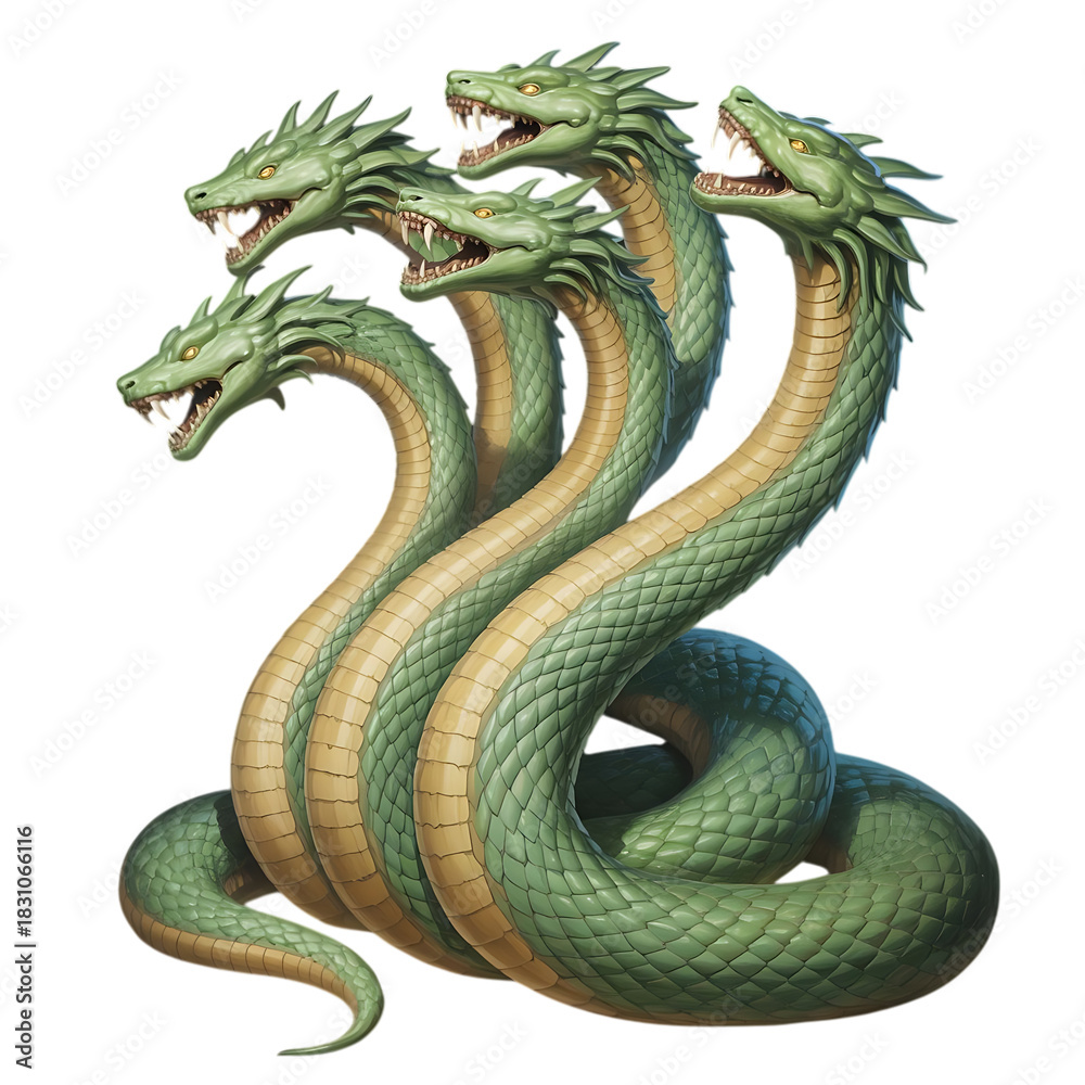 Obraz premium Mythological multi headed green serpent creature with scaly texture and fierce expressions isolated on transparent background