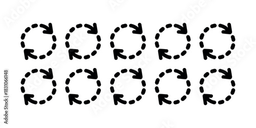 A collection of ten dotted circle arrows pointing left arranged in two rows