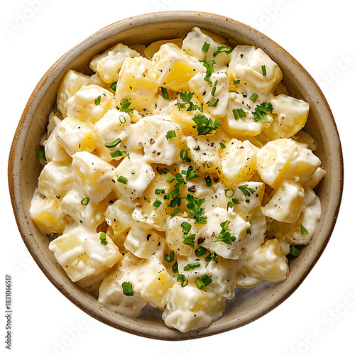 Delicious potato salad in a wooden bowl isolated on transparent background