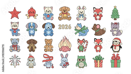 Festive Array: A delightful assortment of seasonal ornaments, charming animal figures, and essential holiday elements arranged in a cheerful display.