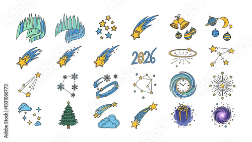 Cosmic Wonder Icons: A vibrant collection of celestial-themed icons, including aurora borealis, shooting stars, constellations, a Christmas tree, and a gift, all rendered in a playful.