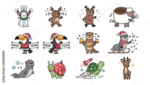 Festive Animal Stickers: A charming collection of whimsical animal illustrations, each adorned with celebratory accessories, creating a joyful collage.