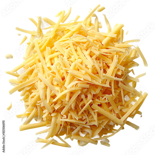 Pile of shredded cheddar cheese isolated on transparent background
