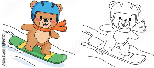Cartoon bear snowboarding vector illustration for coloring book. Cute teddy bear winter sport character in helmet and scarf.