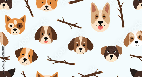 Cute and playful seamless pattern for kids featuring various cartoon dog faces and wooden sticks on a light blue background.