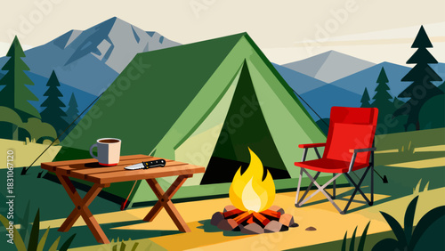 This vibrant illustration depicts a cozy camping scene in a lush forest: a tent, a picnic table with chairs, and a campfire set on a green meadow under a bright blue sky.