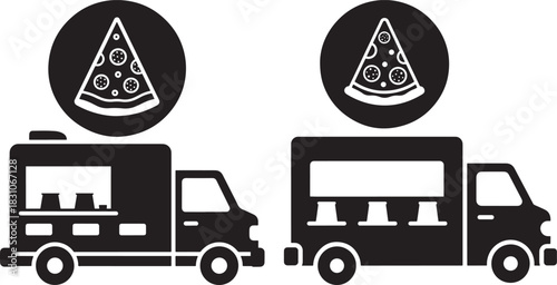 Two pizza food trucks with pizza slice icons silhouette