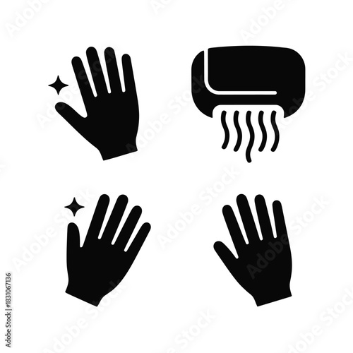 Icons depict clean hands and a hand dryer for hygiene and sanitation.