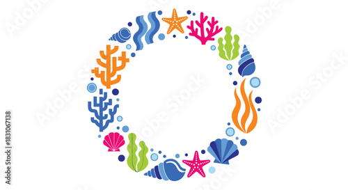 Colorful circular frame for text or photos made of bright cartoon sea elements like coral seaweed shells and starfish on white.