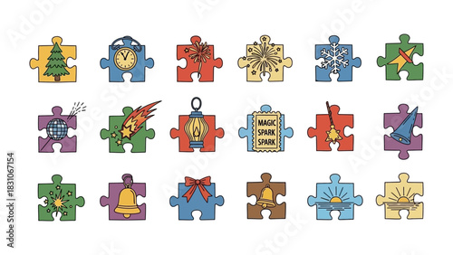 Festive Puzzle Pieces: A collection of uniquely designed puzzle pieces each holding a festive or symbolic image. Creating a sense of play, imagination, and the joy of solving problems.
