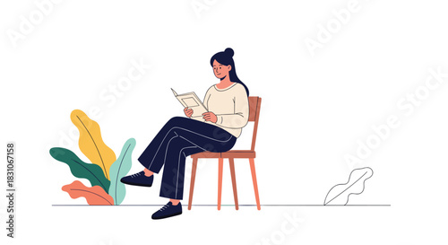 Young woman relaxing in a wooden chair while reading a book with large colorful abstract leaves in the background illustration.