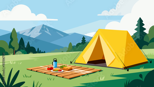 This vibrant illustration depicts a cozy camping scene in a lush forest: a tent, a picnic table with chairs, and a campfire set on a green meadow under a bright blue sky.