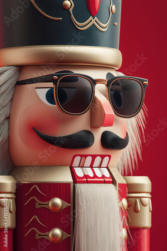 Christmas wooden soldier nutcracker wearing black sunglasses, humorous and cool holiday concept.