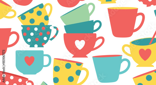 Cheerful seamless pattern with many colorful teacups and coffee mugs in various shapes and designs like polka dots and hearts.