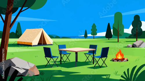 This vibrant illustration depicts a cozy camping scene in a lush forest: a tent, a picnic table with chairs, and a campfire set on a green meadow under a bright blue sky.