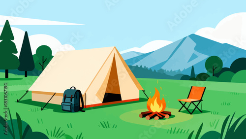 This vibrant illustration depicts a cozy camping scene in a lush forest: a tent, a picnic table with chairs, and a campfire set on a green meadow under a bright blue sky.