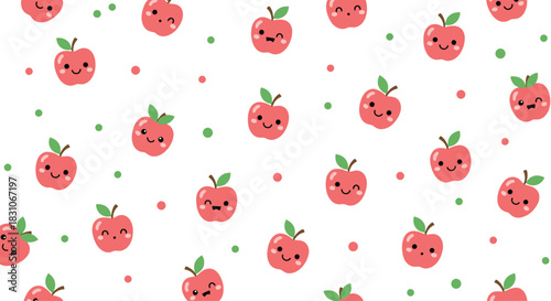 Cute seamless fruit pattern background with adorable kawaii-style red apples with happy smiling faces and colorful confetti dots.