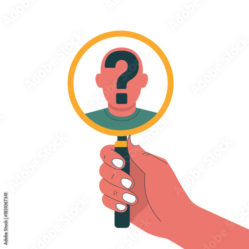 A hand holds a magnifying glass reflecting a silhouette with a question mark.