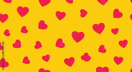 Simple and bright seamless repeating pattern of pink hearts of various sizes scattered across a vibrant solid yellow background.