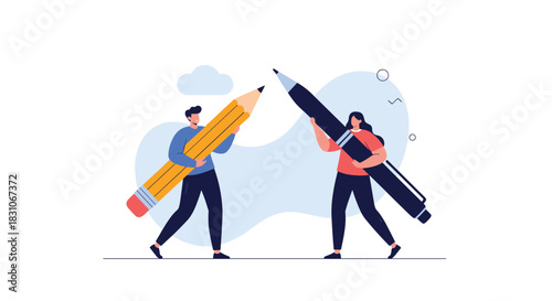 Creative collaboration concept with a man and woman working together as a team holding a giant pencil and a giant pen illustration.