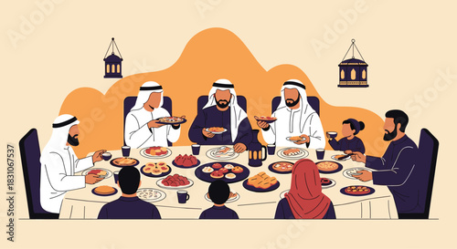 Large Arab family wearing traditional clothing gathers together to share a festive meal during Ramadan or Eid celebrations.