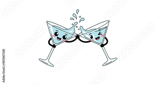 Two cute kawaii-style martini glasses with happy smiling faces are toasting and splashing their drinks in a cheerful celebration.