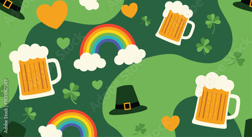Festive and fun St Patrick's Day seamless pattern with mugs of beer rainbows leprechaun hats shamrocks and hearts on a green background.
