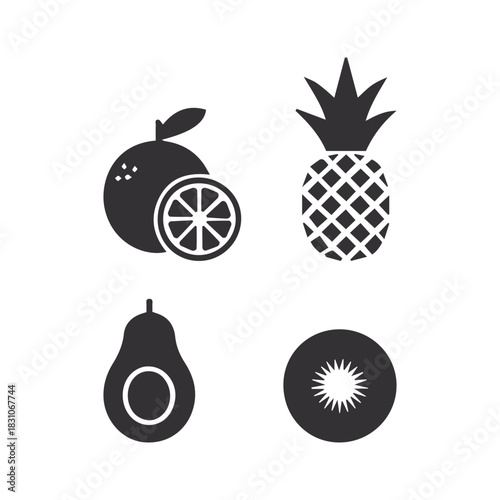 Minimal black fruit icon set for menus, labels, and branding.	
