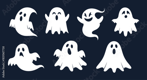 Set of seven white ghost silhouettes with various spooky and funny expressions for Halloween decorations on a dark background.