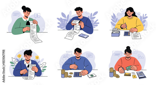 Set of diverse people carefully managing their finances by checking long receipts using calculators and counting their money.